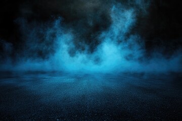 Mysterious blue fog on dark asphalt road