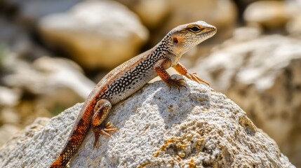 Fototapeta premium A vibrant lizard basks on a sun-drenched rock, displaying intricate orange and dark patterns along its slender body
