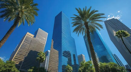 Skyscrapers, low-angle shot, blue sky, corporate photography, stock photo style.
