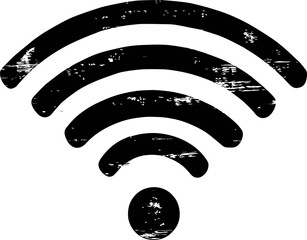 Distressed, grunge-style white WiFi symbol on a textured black background. Represents wireless connectivity, internet access, and technology.