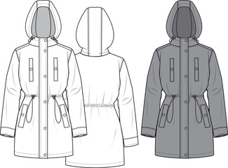 Unisex Hooded Trench Coat. Technical fashion flat sketch. Front and back, white and grey in color. Unisex CAD mock-up. © DERYA