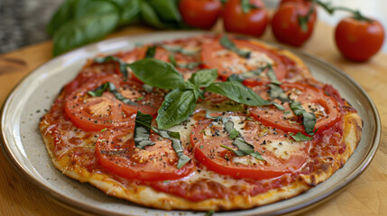 A gluten-free pizza on a stylish plate, surrounded by fresh tomatoes and basil, delivered to a modern home kitchen