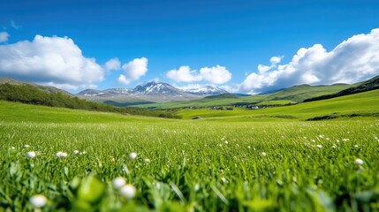 Lush green meadow stretches towards snow-capped mountains under a vibrant blue sky.  Small white flowers dot the grassy expanse