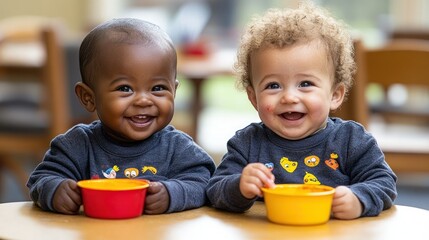 Happy babies eating at preschool
