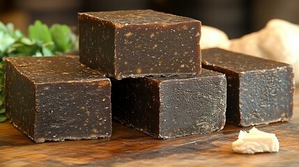 Dark brown soap bars stacked on wooden board