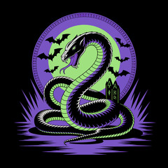 Obraz premium Stylized Snake with Bats and Gravestones Against a Full Moon Background