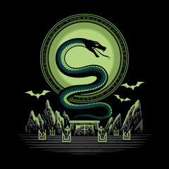 Obraz premium Mystic Snake Silhouette: Green Serpent with Bats and Dolmen