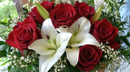 Elegant Wedding Bouquet Featuring Red Roses, White Lilies, and a Diamond Ring