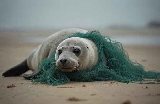 Grey seal entangled in fishing net on Norfolk beach. Illustration of plastic ocean pollution impacts wildlife. Marine mammal faces environmental tragedy, danger on coast. Wildlife, nature, animal - Powered by Adobe