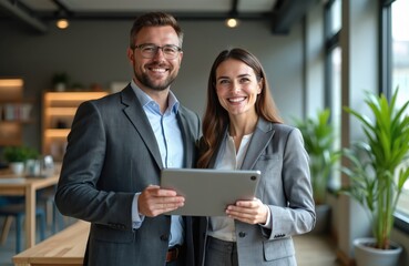 Happy business man and woman executives team standing in office using digital tablet. Partners cooperate, looking to camera, smiling, corporate cooperation on company project.