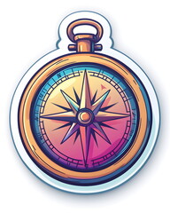 A playful and whimsical sticker of a simplified round compass with a spinning needle, glowing with adventure vibes, designed in soft pastel tones, flat colors, clean outlines, bold lines, and a white 