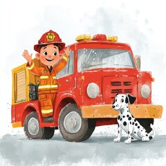 Young firefighter waving beside a vintage fire truck with a playful Dalmatian in a cheerful setting