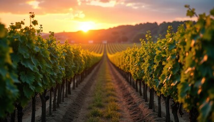 Naklejka premium Vineyard sunset. Grapevines row in wine country. Golden hour sunlight, rural cultivation landscape. Nature scene. Agriculture vinery farm field background. Scenic viticulture photo.