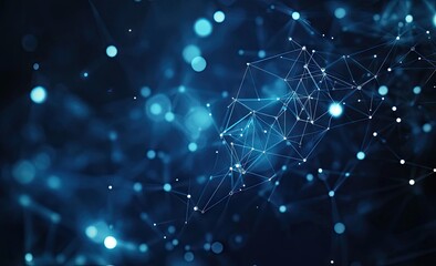 Abstract network of interconnected points and lines, creating a complex, dynamic design.  A deep blue background provides a backdrop of softly glowing points and shapes