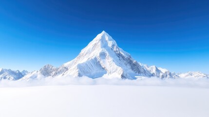 Snowy Mountain Peak Surrounding Peaks Vibrant, Crisp Style High Definition Landscape Wide Shot Majestic Scene Serene, Cloud-Covered Base Bright Blue Sky Ideal for Travel Brochures