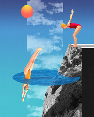Woman in red swimsuit diving from rocky cliff into oval pool floating in sky, against abstract...