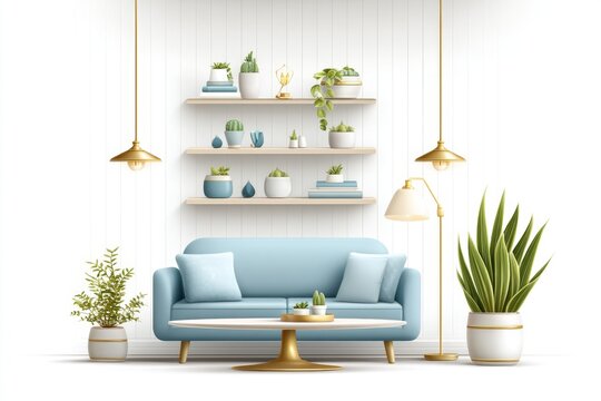 A 2D illustration of a living room layout with cute decor and pastel tones on a clean white background
