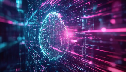 Obraz premium Brain hologram with futuristic data visualization on a technology background, glowing lines representing neural networks, and advanced digital elements in 3D rendering