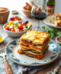Homemade Italian Lasagna: A Savory Layered Dish with Fresh Tomato Sauce & Cheese – Perfect Comfort Food Dining with Red Wine & Seasonal Ingredients