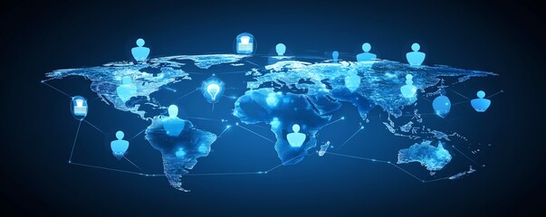 Global digital network concept, world map globe surrounded by blue user icons, stats indicators, 3D rendering, social communication, tech innovation
