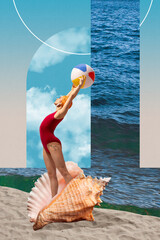 Woman in red swimsuit and retro cap holding beach ball while rising from sand shell beside ocean...