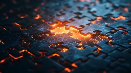 Blue puzzle pieces with glowing orange edges creates an intricate connected pattern