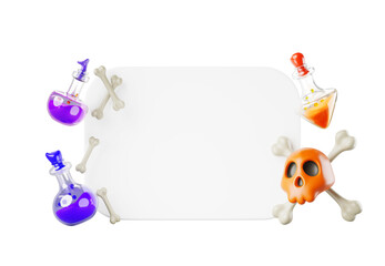 Halloween 3d diploma, blank white certificate of education in magic alchemy school for magician, wizard. Award frame template with potion bottles, skull with crossbones on background