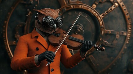 A whimsical owl character in a stylish orange coat plays a violin against a steampunk-inspired backdrop, blending fantasy with musical artistry.