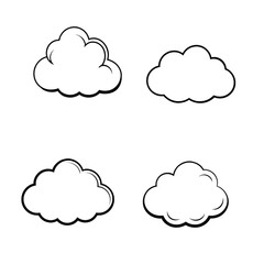 Fluffy clouds outline set. Simple hand drawn cloud shapes with editable black line stroke and white fill. Cartoon doodle airy design, minimalistic contour bubble, linear rounded and soft silhouettes