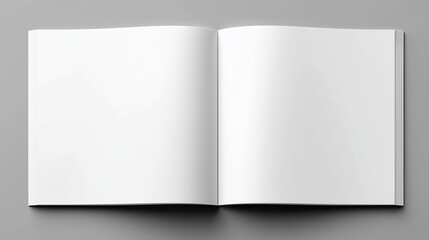 High-resolution open square magazine mockup with white pages on gray background, flat-lay design for presentation layouts, corporate reports, or branding portfolios. Clean minimalist style with profes