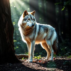 Obraz premium an image of a wolf standing in the woods with the sun shining through the trees, there is a wolf standing in the woods with the sun shining through the trees
