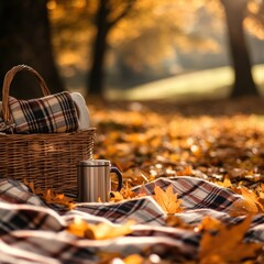 Cozy autumn picnic setup with a basket and thermos amidst fallen leaves in a park