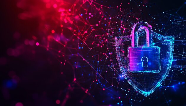 Digital security and data protection with a shield and encrypted padlock, illuminated with blue and purple lights, on an abstract dark digital backdrop