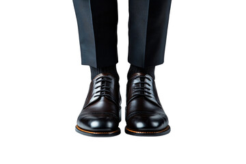 Deep brown cap-toe leather shoes, slightly reflective, paired with black slacks and woolen black socks, isolated on a transparent background
