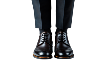 Deep brown cap-toe leather shoes, slightly reflective, paired with black slacks and woolen black socks, isolated on a transparent background