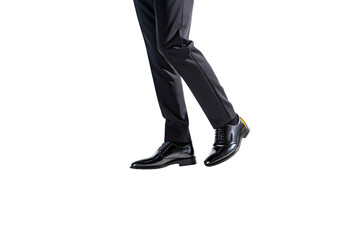 Glossy black oxford shoes paired with tailored black trousers, creating a sharp, formal business impression, isolated on a transparent background