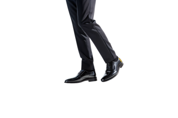 Glossy black oxford shoes paired with tailored black trousers, creating a sharp, formal business impression, isolated on a transparent background