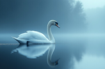 Obraz premium White Swan Gliding on a Reflective Lake