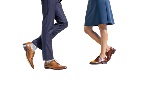 Tan dress shoes with polka-dot socks; woman in skirt with shiny brown brogues, quirky sophistication, isolated on a transparent background - Powered by Adobe