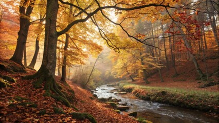 A tranquil forest scene with trees in autumn foliage, creating a warm and inviting atmosphere. A gentle stream meanders through the forest, capturing the peaceful environment. AI generated.
