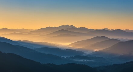Fototapeta premium Golden Hour Mountain Range Landscape Photography: Serene Sunrise Over Misty Peaks AI Generated