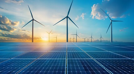 Conceptual image depicting a renewable energy landscape with hydrogen power wind turbines and solar panels in a scenic natural setting at sunrise or sunset