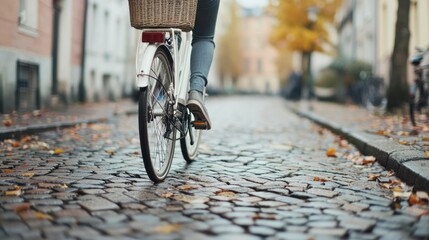 Naklejka premium Exploring remote work digital nomad lifestyle by bicycle urban streets photo autumn close-up focus