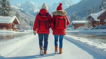 Couple hiking snowy village pathway