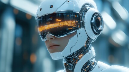 AI Robot with Augmented Reality Glasses in Futuristic Setting