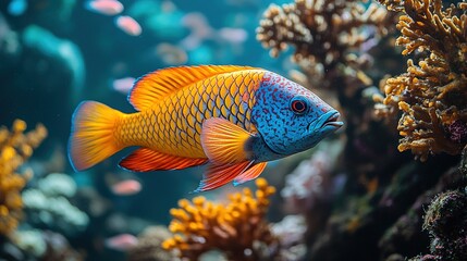 Vibrant golden fish with captivating blue face swimming in the ocean depth