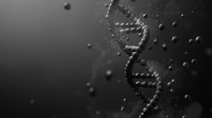 High-tech DNA spiral in silver metallic tones, conceptual image of genetic evolution and mutation.