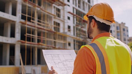 A construction engineer checking building plans at a job site. Featuring evaluation and focus