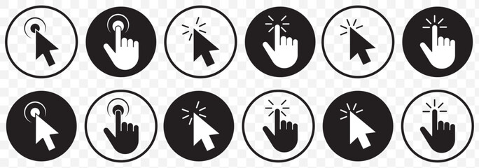 Set of Black cursor icons click, featuring various mouse click cursor designs. Cursor icon vector illustration on Transparent Background. EPS 10.