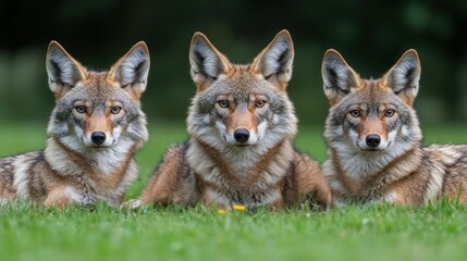 Fototapeta premium Three Coyotes in a grassy field